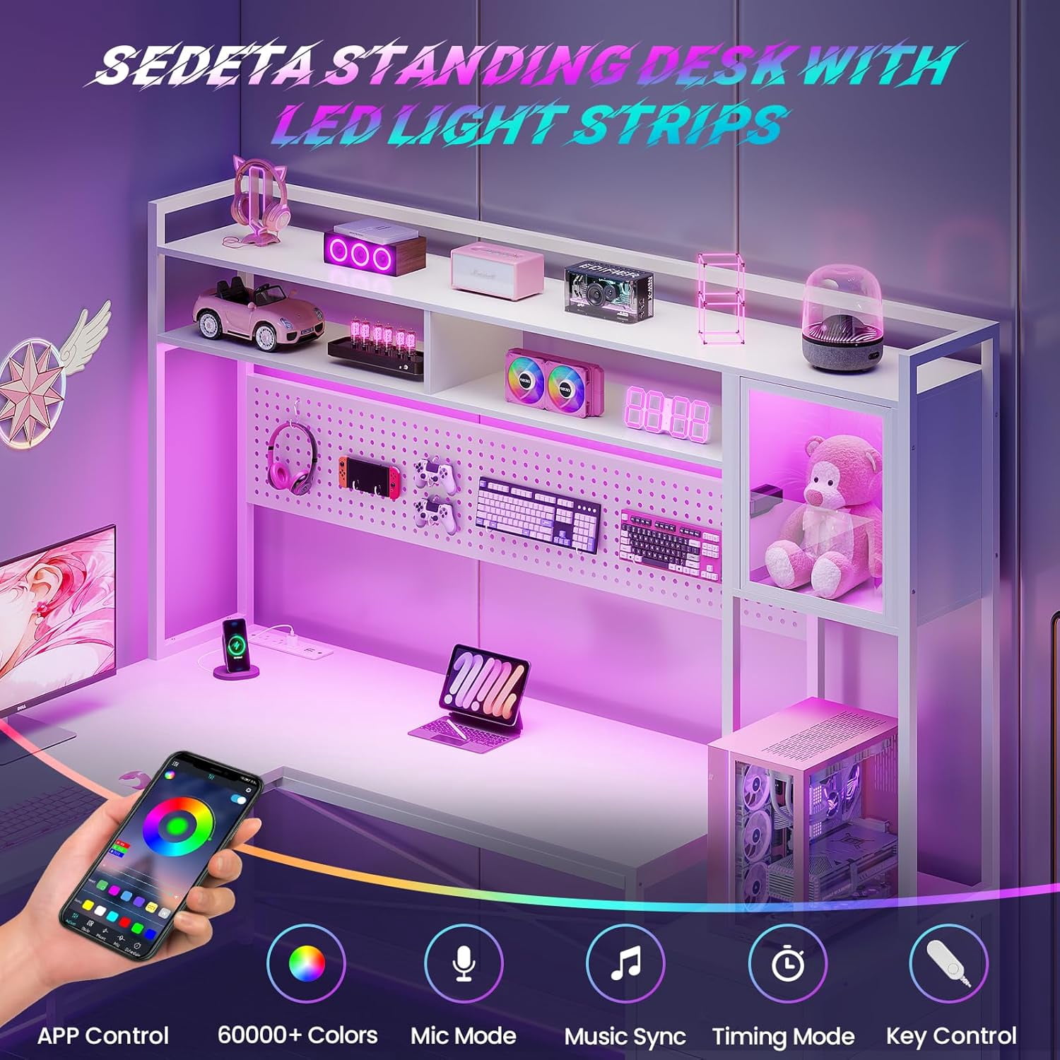 SEDETA L Shaped Gaming Desk with Drawers, Reversible Computer Corner Desk with File Drawer, Hutch, Storage Shelves for Home Office, Gaming Two Person Desk with Led Lights, Power Outlet, White