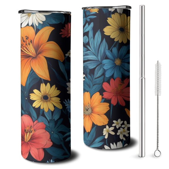 20oz Colorful Floral Pattern Skinny Tumblers Stainless Steel Tumbler with Lid and Straw,Vacuum Insulated Double Wall Travel Tumbler Cups with Cleaning Brush for Coffee,Tea
