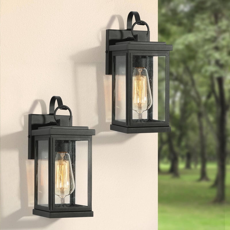 LNC Wonk 2-Pack 2-Light 12-in H Matte Black Clear Glass Rectangle Modern Outdoor Wall Light,12.2"H