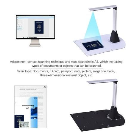 Portable High Speed USB Book Image Document Camera Scanner 5 Mega-pixel HD High-Definition Max. A4 Scanning Size with OCR Function LED Light for Classroom Office Library