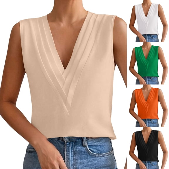 YVNAURA Women's Sleeveless Chiffon Top Triple V Neck Blouse 2026 Summer Lightweight Breathable Business Casual Work Office Shirt Loose Fit Layered Flowy Vacation Going Out Tops, Beige,L
