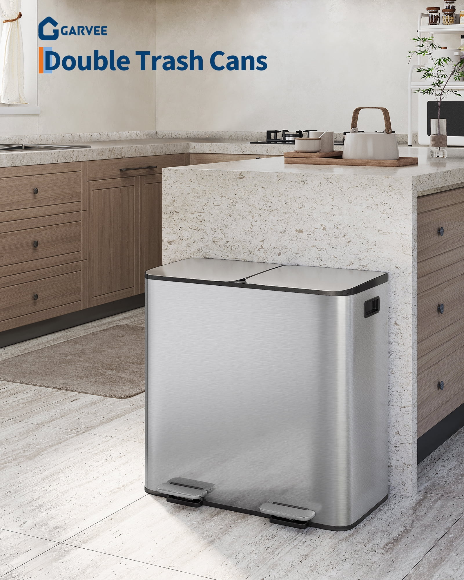 2 x 10.6 gal Stainless Steel Dual Trash Can, Step-on Kitchen Metal Garbage Cans, Double Compartment Garbage and Recycling Bin Combo with Metal Lid, PP Inner