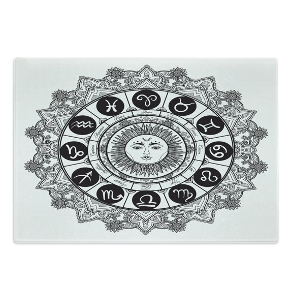 Zodiac Cutting Board, Astrology Houses in Mandala Pattern with Sun in Middle Art, Decorative Tempered Glass Cutting and Serving Board, Large Size, Black Grey, by Ambesonne