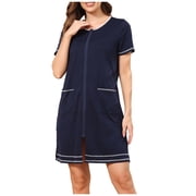 Kaemgyyd Zip up Robes for Women Soft Comfy Short Sleeves Crew Neck Sleepwear Lightweight Nightgown with Pockets