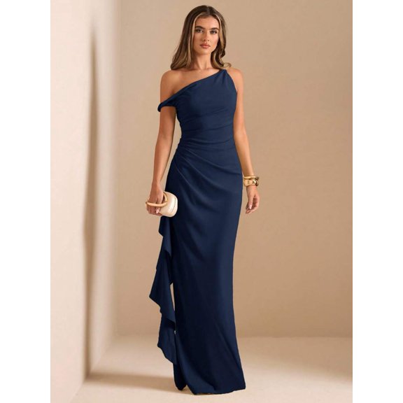 Navy Blue One Shoulder Ruched Wrap Maxi Dress With Asymmetrical Ruffle Hem