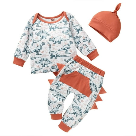 

Boys Girls Spring and Autumn Long Sleeve Pants Set Fashion Little Dinosaur Print Round Neck Long Sleeve Pants Set With Hat