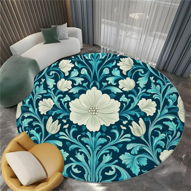 Modern Round Rug 3x3ft Abstract Plants Flowers 3D Print Washable Round Area Rug, Non-Slip Low Pile Circle Carpet for Living Room Kitchen Kids Room Office Decor