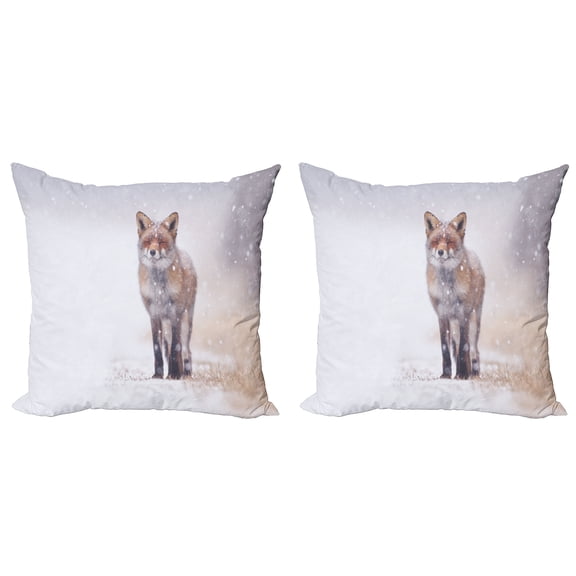Ambesonne Fox Throw Pillow Cover 2 Pack, Rural Field Snow Stormy, 24", Brown White