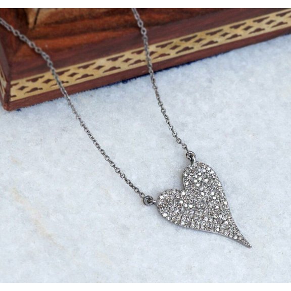 Pave Diamond Heart Shaped Pendant 925 Silver Fashion Necklace Jewelry Gift Charm