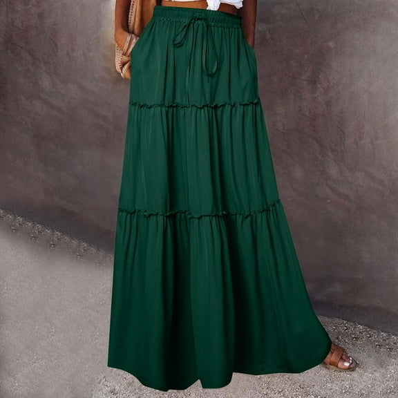 Women's Boho Style Skirts Summer Pleated Skirts Fashion Solid Color Elastic Drawstring Loose Skirt Casual Elastic High Waist Ankle Long Skirt with Pocket