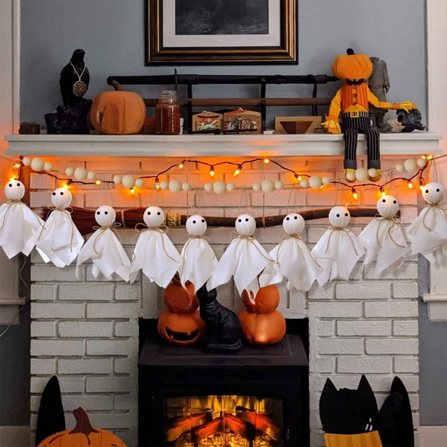 XYAIYT Halloween Decorations Ghost Decor Halloween Doll Wooden Bead String Garland with Cloth Ghosts Soft Velvet Texture Handmade Wooden Beads Long Lasting Rope for Home Wall Fireplace 157.5in White