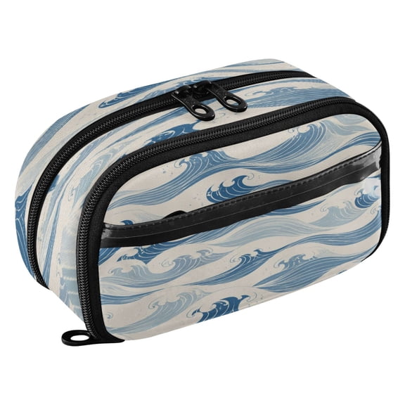Large Pencil Pen Case Capacity PVC Pencil Pouch Makeup Bag for Women Man, Blue WavesPrinted