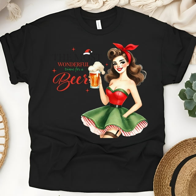T-Shirt Graphique Amateur de Bière / Rétro Pin-Up Fille Drôle, Noir, Taille G