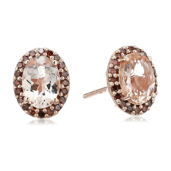 Pinctore 10k Rose Gold Morganite and Cognac Diamond Halo Oval Stud Earrings