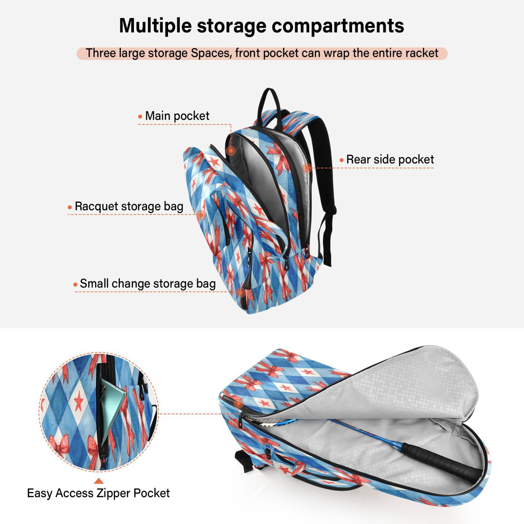 2 Racquet Holder Tennis Backpack Tennis Racket Covers Gym Bags Vibrant Red Bows Pattern