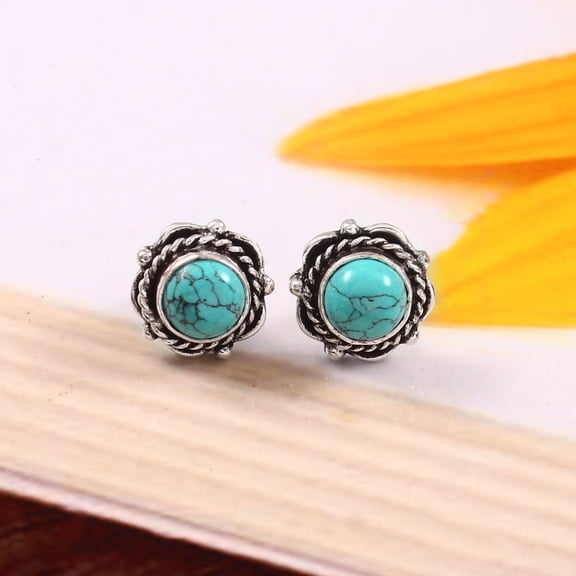 Turquoise Stud Earrings – 925 Sterling Silver Natural Turquoise Gemstone Studs for Women, Handmade Floral Boho Blue Stone Jewelry Gift