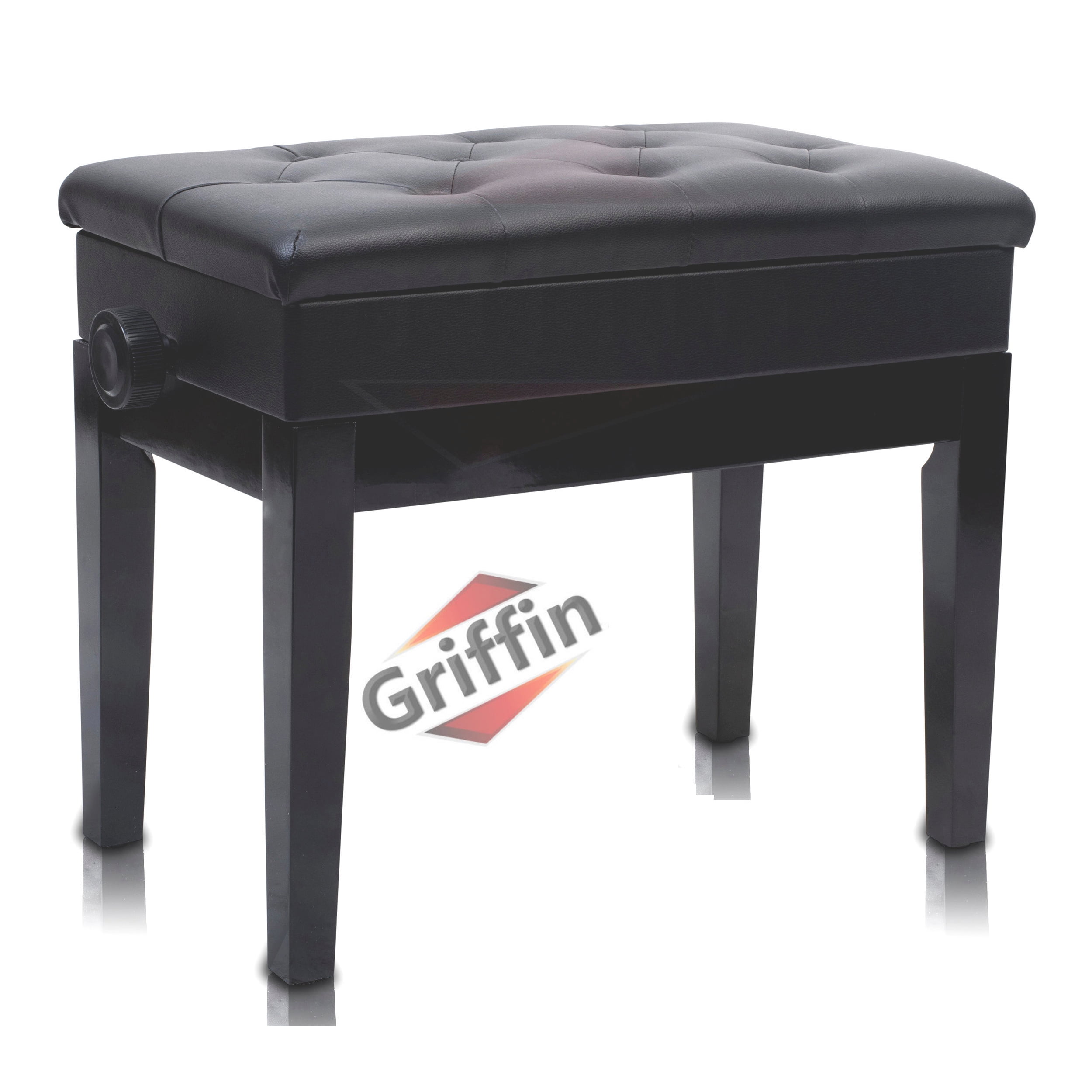 Griffin Black Leather Piano Bench - Wood Vanity Stool Keyboard Seat Guitar Chair