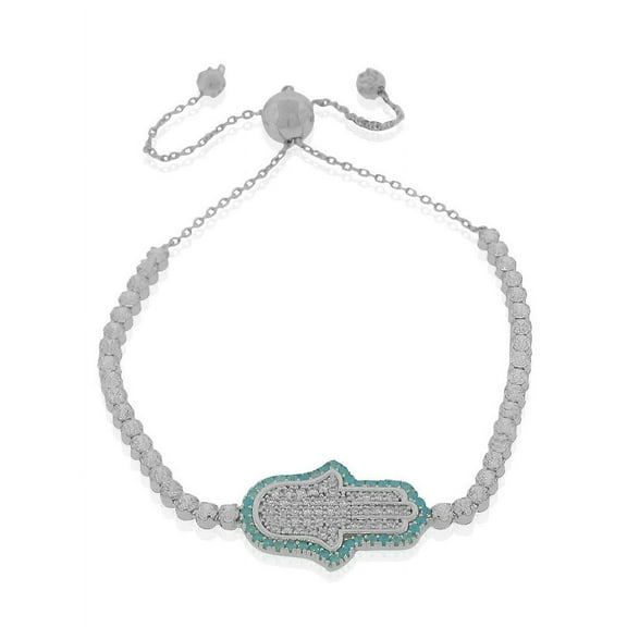 925 Sterling Silver White Blue CZ Hamsa Hand Adjustable Chain Bracelet, 9"