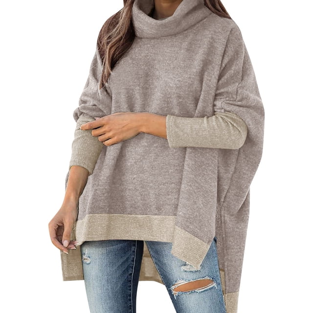 Duoif Chandails pour Femmes Tendance Couleur Unie Ample Col Roulé Manches Longues Chandail avec Fente Chandails pour Femmes Hauts Kaki TG