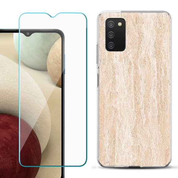 Slim-Fit TPU Fashion Phone Case for Samsung Galaxy A03s, with Tempered Glass Screen Protector, by OneToughShield ® - Marble/Coffee Tone