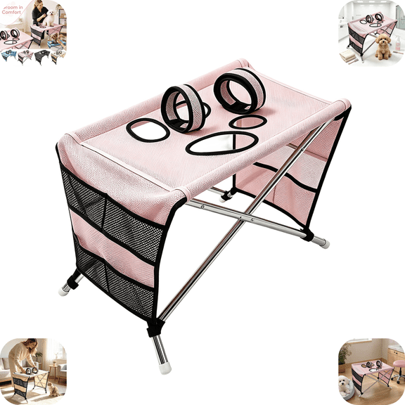Foldable Pet Grooming Table, Stainless Steel Frame Dog Grooming Desk with Fixing Loops, Indoor Household, Pet Grooming & Hair Cutting Workstation Pink