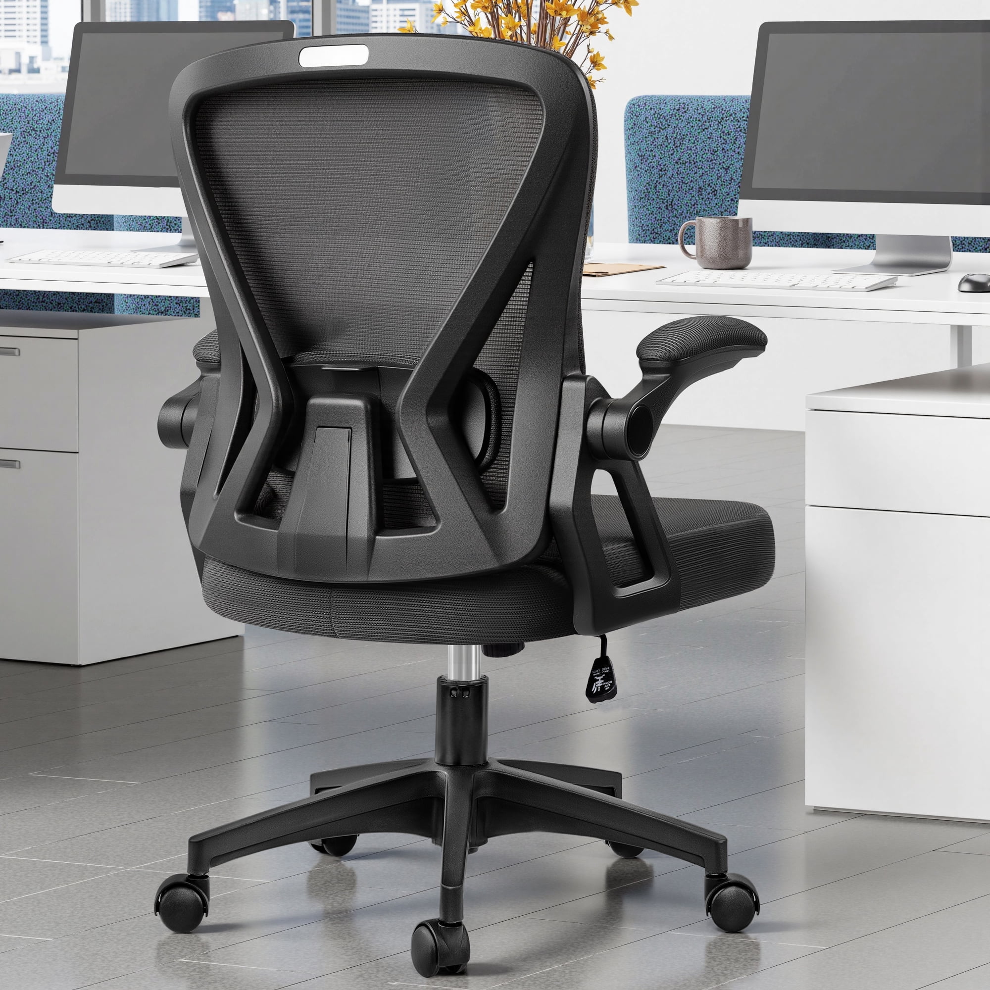COOLHUT Office Desk Chair, 400LBS Ergonomic Mesh Rolling Work Swivel Task Chairs with Wheels, Comfortable Lumbar Support, Comfy Flip-up Arms for Home, Bedroom, Study, Student, 8-Years Warranty, Black