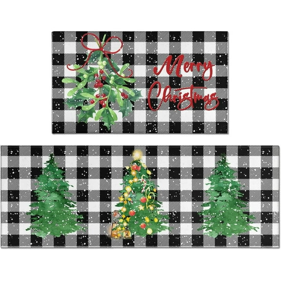 Merry Christmas Kitchen Rugs and Mats Set of 2,Buffalo Plaid Christmas Tree Joy Xmas Winter Holiday Sink Floor Mat Non Skid Washable for Home Farmhouse Christmas Decor 17"x47" 17"x30"