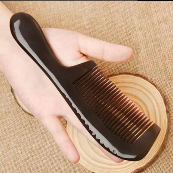 Natural Buffalo Horn Comb Fine Teeth Anti Static Massage Hair Comb with Thickening Round Handle for Head Health Barber Comb