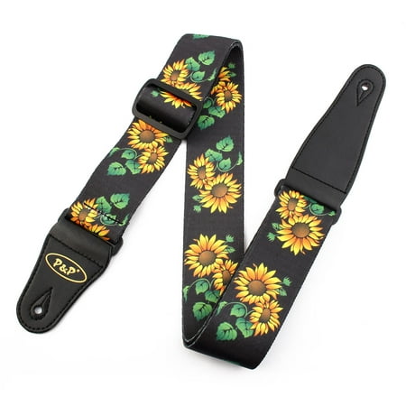 Faux Leather End Sunflower Print Adjustable Acoustic Electric Guitar Shoulder Strap Belt (Best 3 4 Acoustic Electric Guitar)