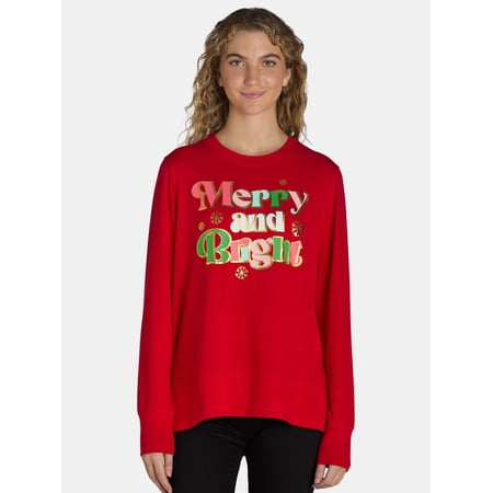 Women's Christmas Merry Bright Graphic Crewneck Hacci Sweater Top from Holiday Time, Sizes S-XXXL