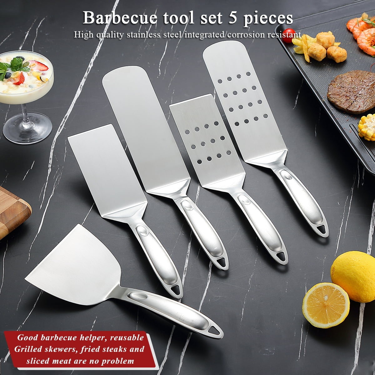 ReaNea Silver Barbecue Set of 5 Stainless Steel Grill Tool Set for All Grill Types and Dishwasher Safe