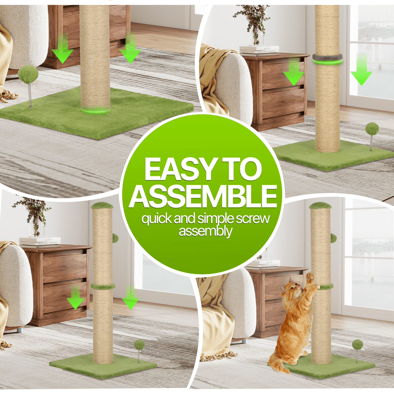 Dkelincs Cat Scratching Post with Sisal & Spring Ball Toy 22" Tall Cat Scratcher for Indoor Cats/Kittens Natural Sisal Scratch Post Trees for Living Room Bedroom, Green
