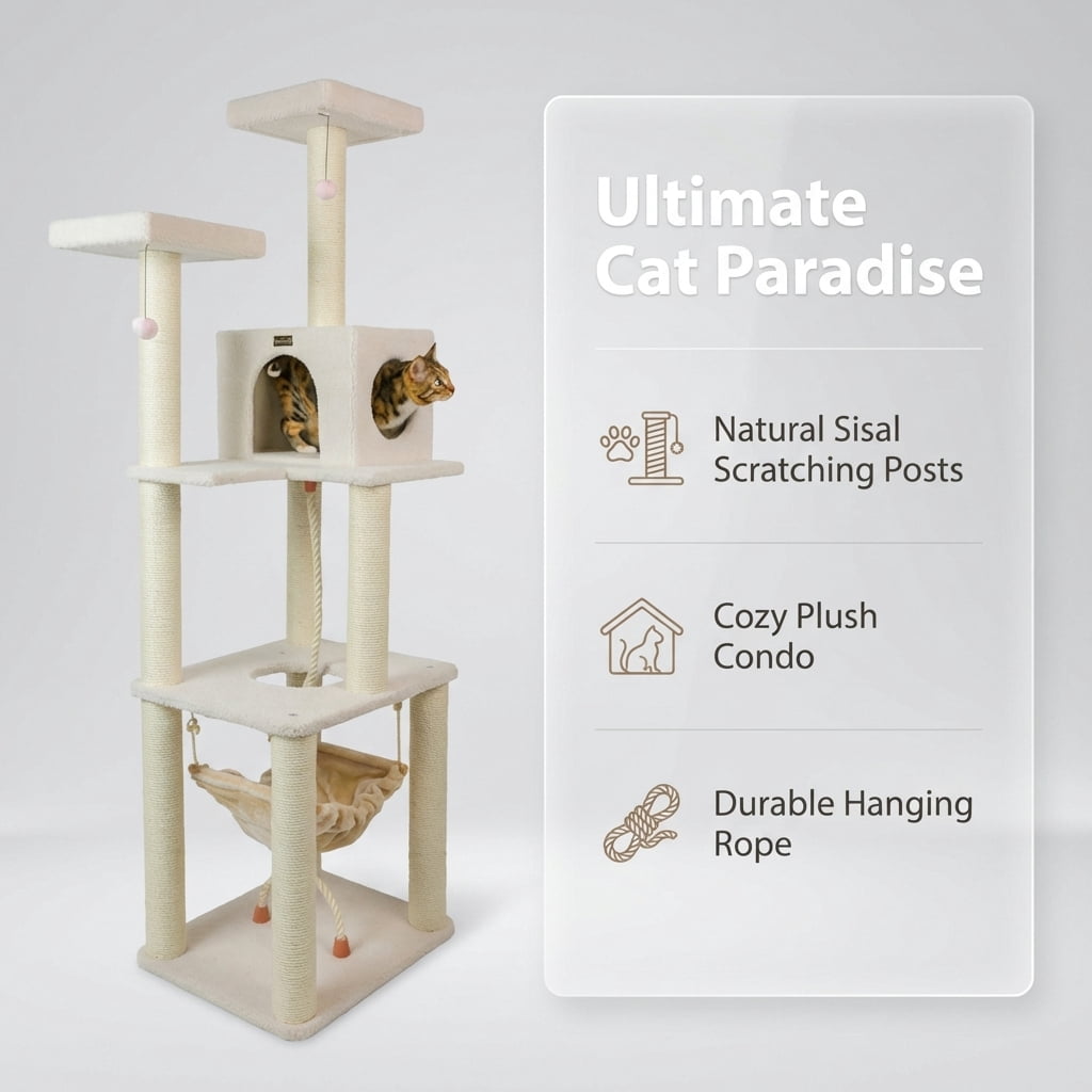 Cat Tree Tower, 73 Inch Tall Multi-Level Cat Condo with Natural Sisal Scratching Posts, Plush Perches, Cozy Hideaway, Hanging Hammock and Rope, Beige