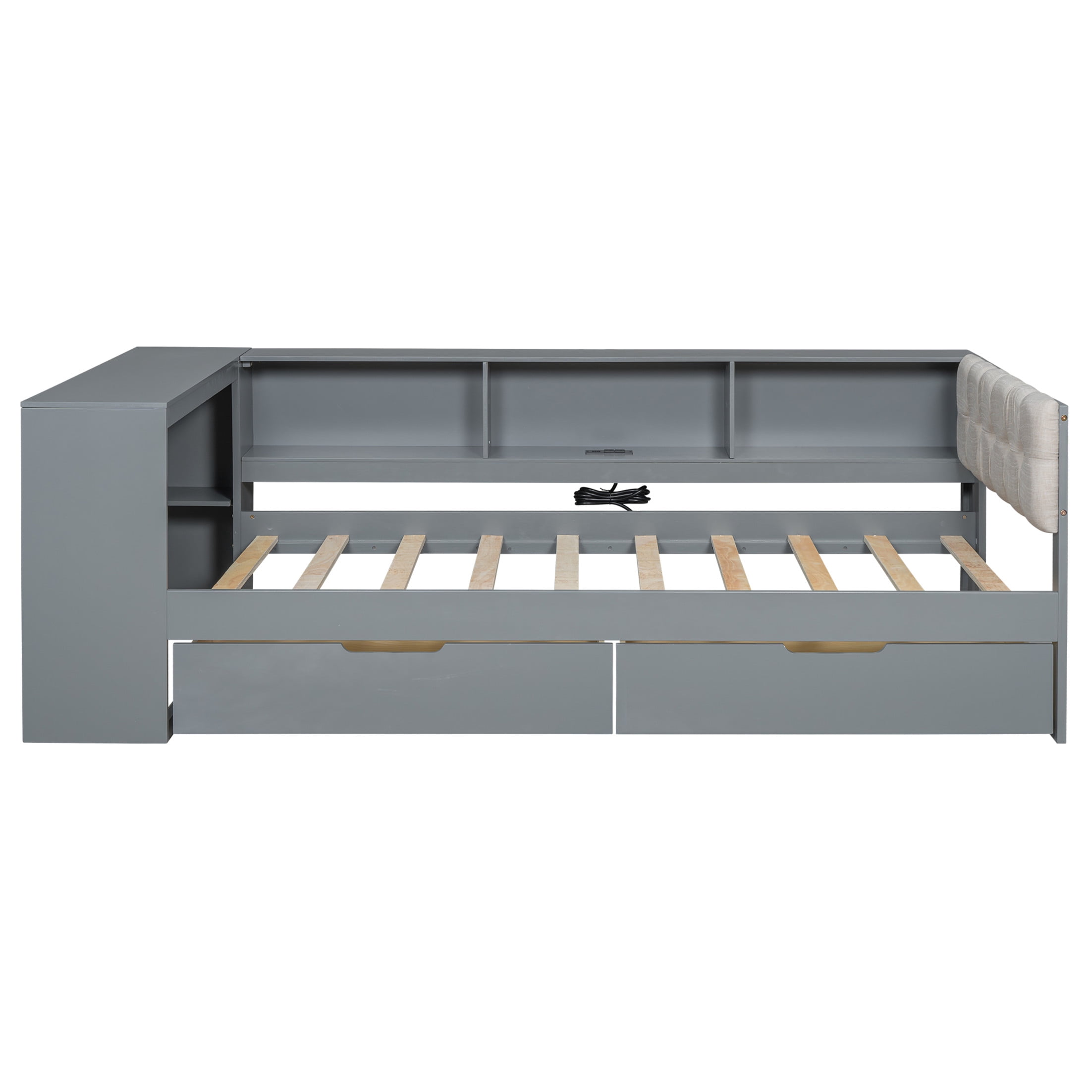 Noble House Udolf Twin Platform Bed with Upholstered Headboard, Storage Shelves and Drawers, Charging Station, Gray