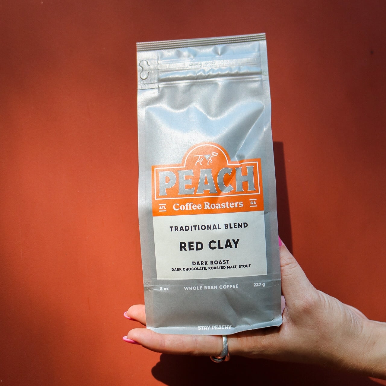 Local Peach Coffee Roasters Red Clay Blend, Dark Roast, Whole Bean Coffee 8oz, Naturally Caffeinated