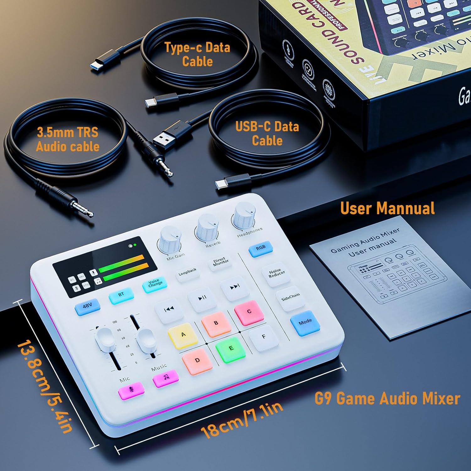 Audio Mixer, Live Sound Card, Voice Changer Kit with RGB Audio Interface,Pro-preamp, Bluetooth Streaming PC Mixer with XLR/48V Phantom Power for Live Streaming,Podcasting,Content Create,Gaming(White)