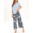 thumbnail image 2 of Conjunto de pijama de manga corta, top de color puro, pantalones florales, conjunto de ropa de dormir suave y cómodo con cuello redondo para mujer, color lila L, 2 of 6