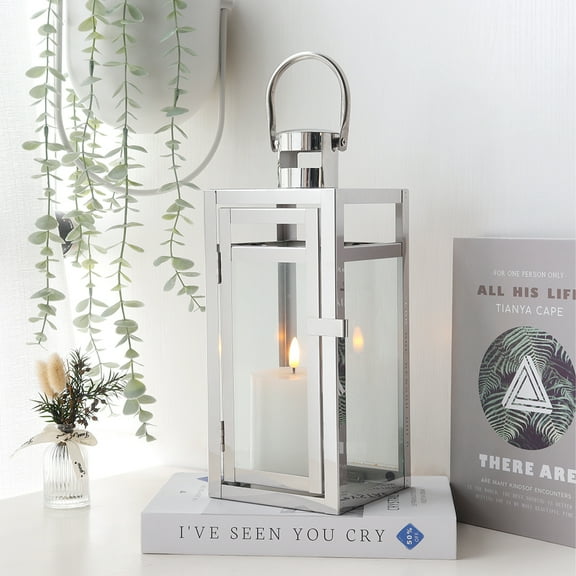 Stainless Steel Decorative Lantern 12'' High Metal Hanging Lantern with Clear Glass Panels