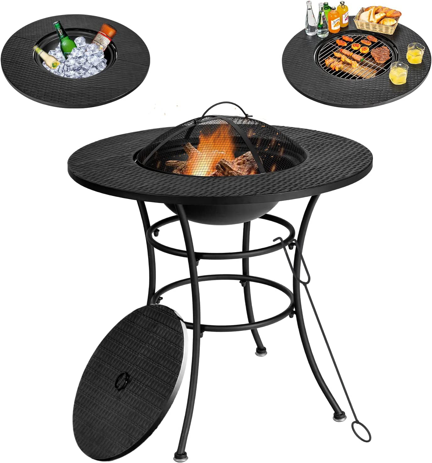Afgift lukker ozon 32 Inch Outdoor Fire Pit Dining Table, 4-in-1 Round Wood Burning Fire Pit  Bowl, Patio Steel Firepit for BBQ, Bonfire, Camping, Includes Fire Poker,  Cover, Grill, Log Grate, Spark Screen Cover -