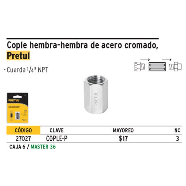 Cople acero, cuerda 1/4 NPT, Pretul Pretul Cople acero, cuerda 1/4 NPT, Pretul