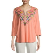 The Pioneer Woman Knit 3/4 Sleeve Embroidered Henley, Womens