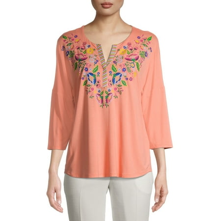The Pioneer Woman Knit 3/4 Sleeve Embroidered Henley, Womens