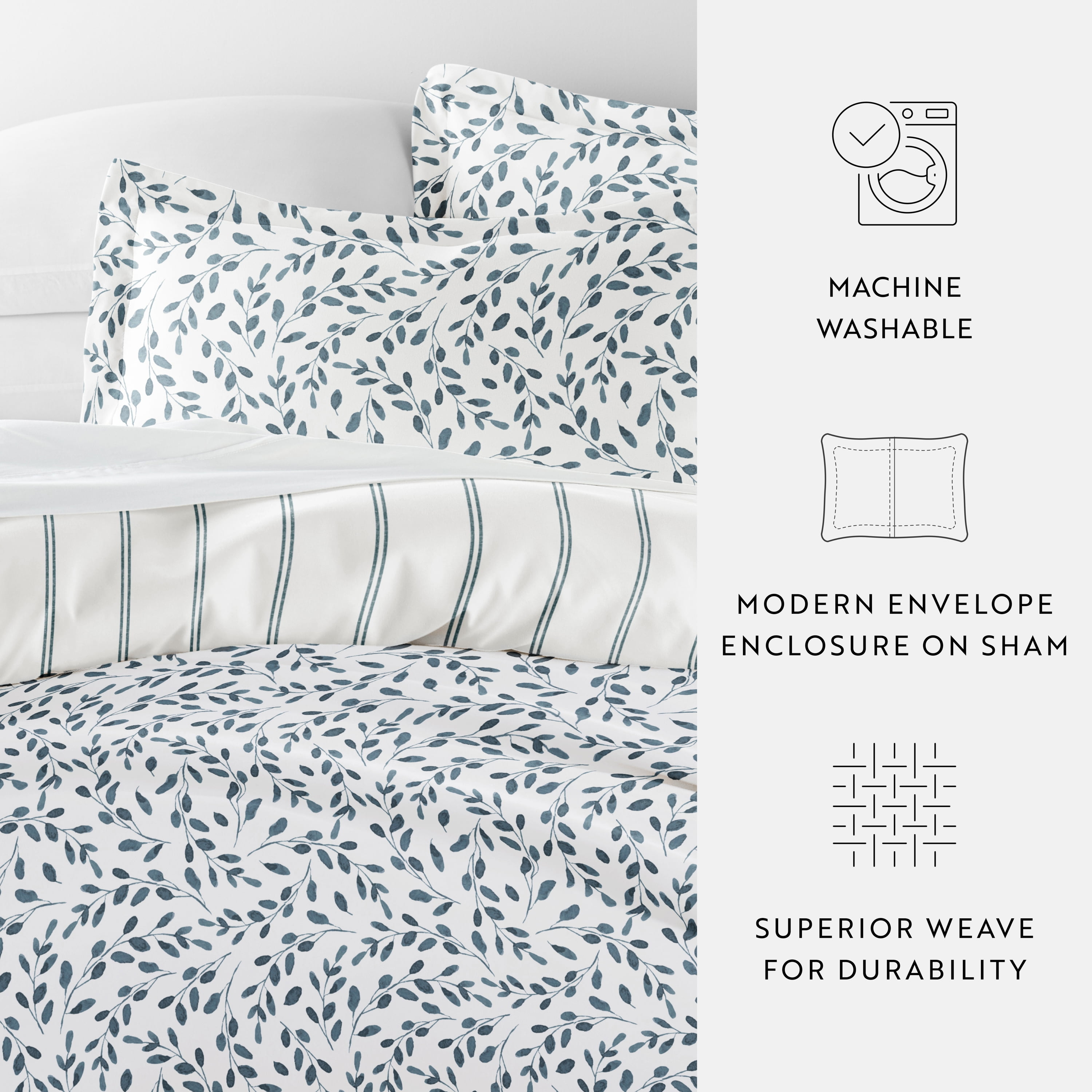 Noble Linens Watercolor Vines Blue 3-Piece Patterned Duvet Cover Set, King