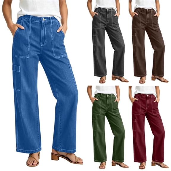 Miqool Women's Cargo Jeans High Waisted Straight Leg Denim Pants Casual Trendy Baggy Trousers with Pockets