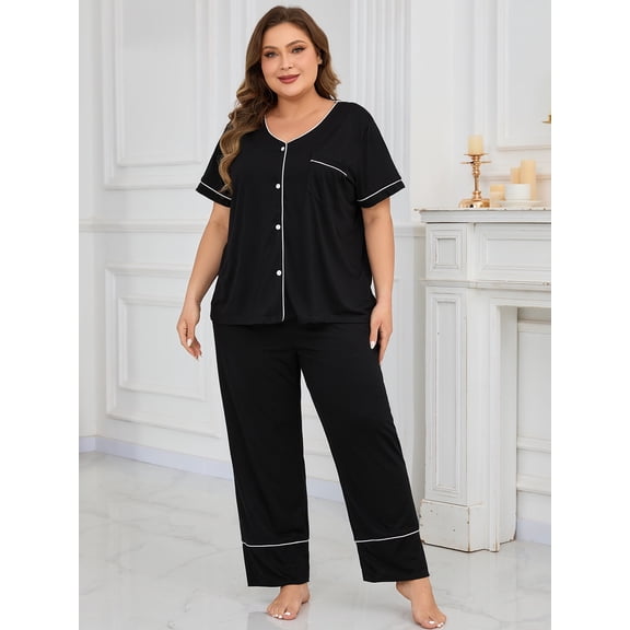 ebukurty Pajama for Women Sets 2 Piece Short Sleeve Loungewear Black Women's Sleepwear, Sizes 1XL-4XL