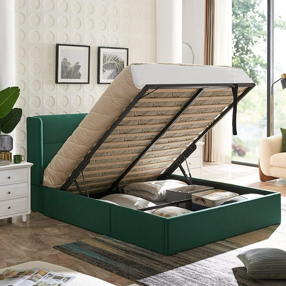 Relax & Rejuvenate Queen Size Wingback Headboard Modern Platform Beds, Green