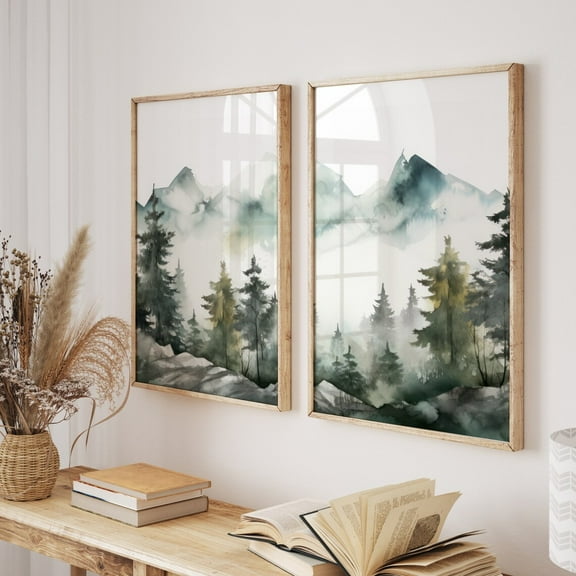 Luvia Forest 2 Piece, Abstract Foggy Mountain Artwork, Sage Green Landscape Prints Set, Modern Wall Decor Set 2 Prints 8x12 UNFRAMED