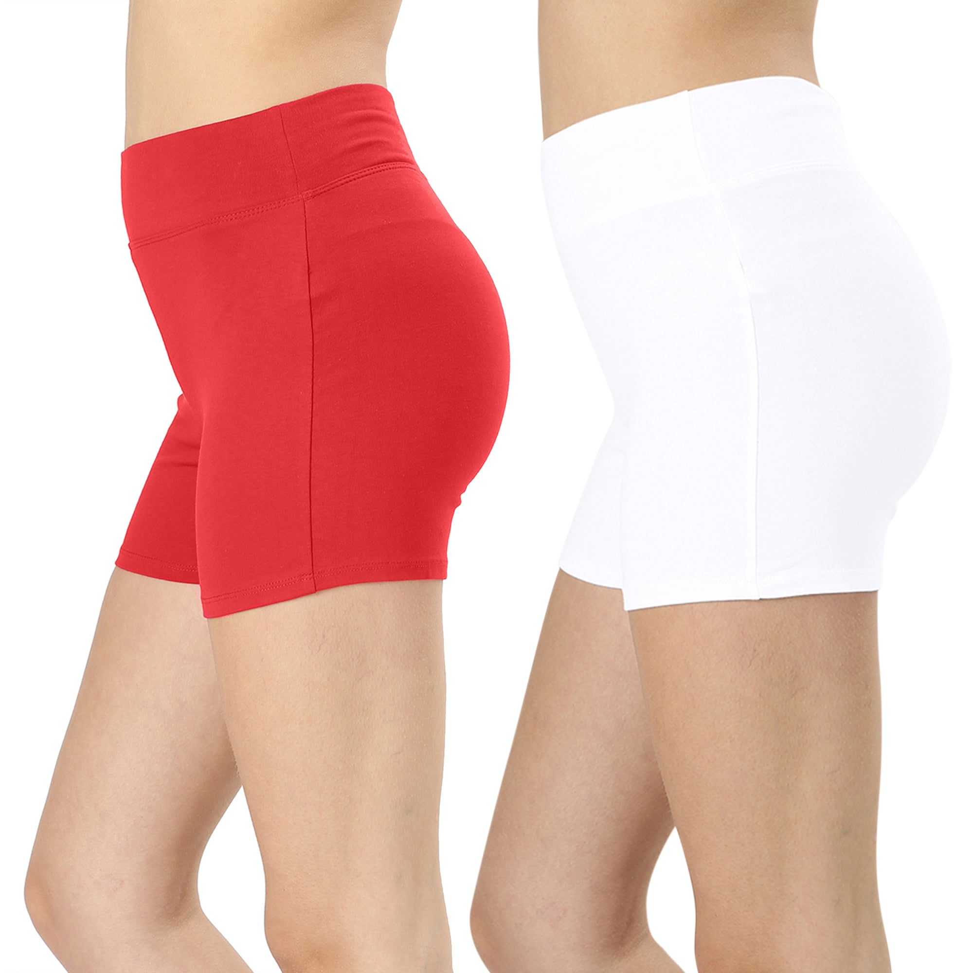 Womens And Plus Soft Cotton Stretch High Waist Sports Short Pants With Wide Waist Band 2pk Red
