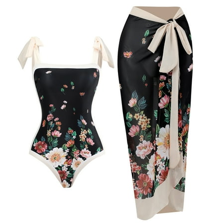 IBTOM CASTLE Women s One Piece Swimsuit with Beach Cover up Wrap Skirt Sarong Retro Floral Print Bikini Set Two Piece Bathing Suit XL Black Floral