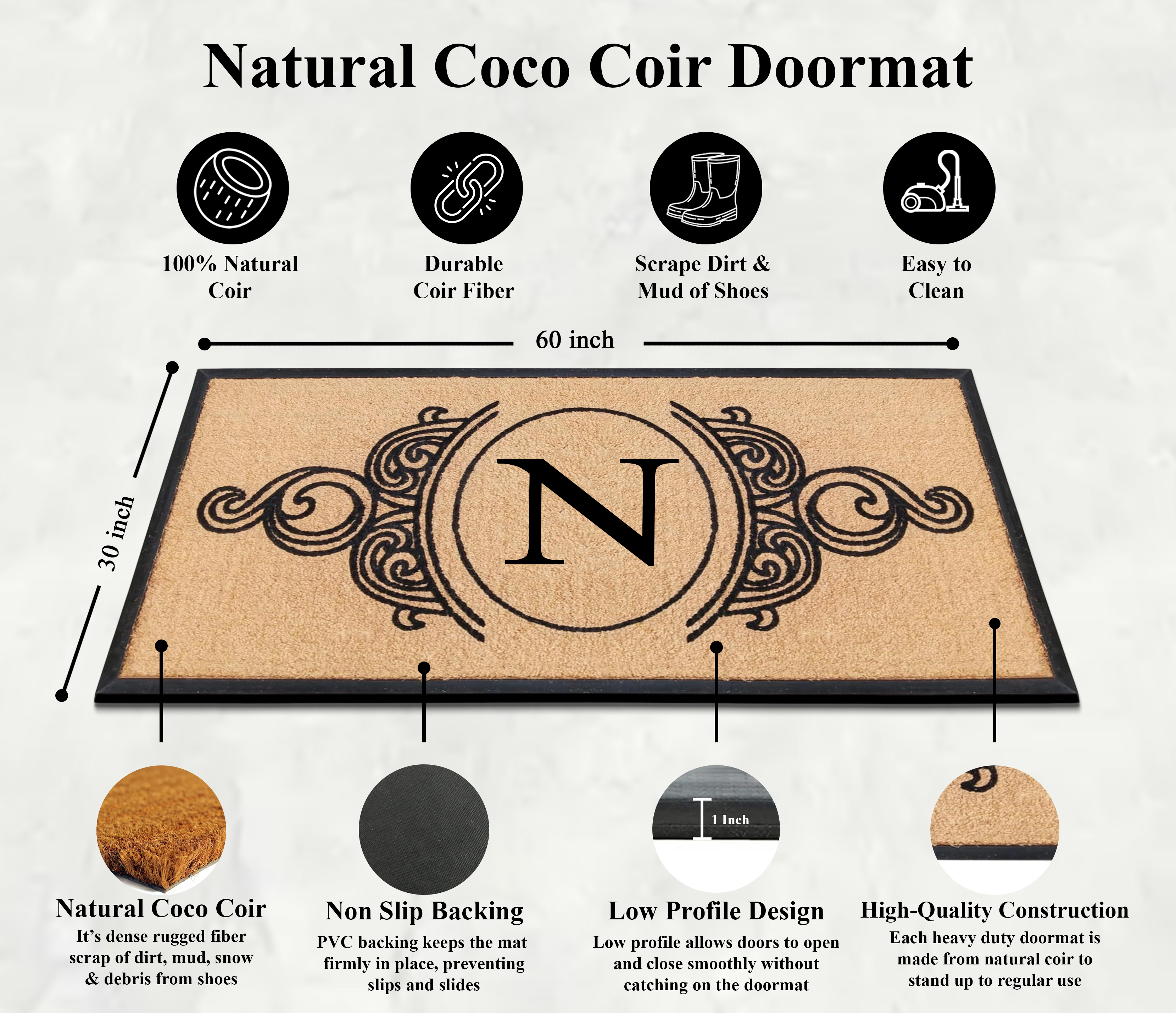 A1HC 30"x60" Natural Coir & Rubber Floral Monogrammed Door Mat, Thick Durable Heavy Duty Welcome Mat for Front Door